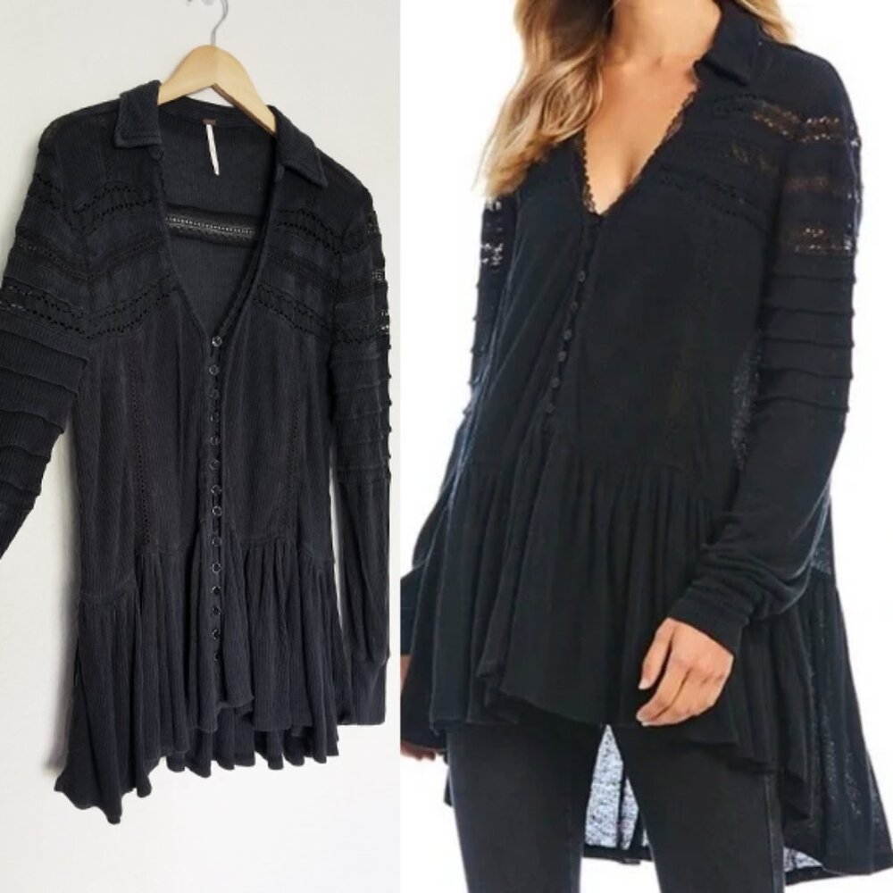 Free People Set To Stun Lace-Inset Low V Neck Collar Tunic Top Black XS $108 - Picture 2 of 16